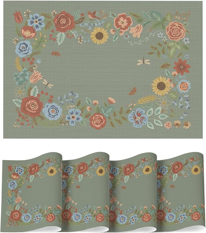 Artoid Mode Sage Florals Butterfly Spring Vinyl Placemats Set of 4, Washable Non-Slip Plastic Table Mats for Vintage Holiday Party Kitchen Dining Decor