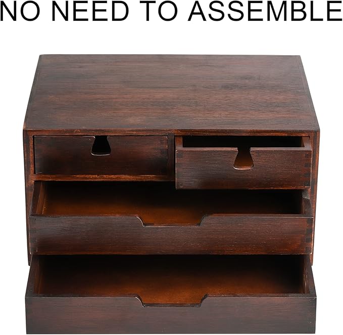DEAYOU Bamboo Desk Organizer, 100% Natural Bamboo Desktop Drawer Organizer, Dark Brown Tabletop Storage Cabinet Organization Box with 4 Drawer for Makeup, Letter, Home, 3 Layer, Fully Assemble