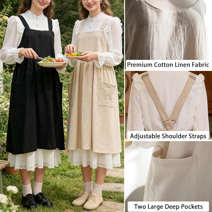 Uaussi Cotton Linen Apron Cross Back Work Apron for Women with Pockets Pinafore Dress X Cross Halter Apron for Chef Gardening