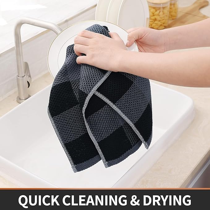 Homaxy Kitchen Towels and Dishcloths Set, 12 x 12 and 13 x 28 Inches, Set of 10 100% Cotton Waffle Weave Check Plaid Kitchen Dish Towels, Super Soft and Absorbent Dish Cloths, Black & Grey