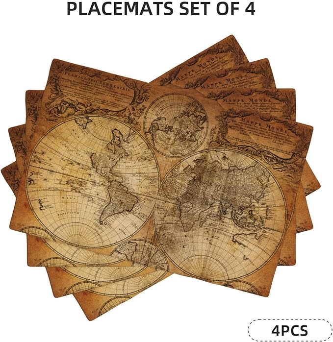 Vintage World Map Placemats Set of 4 Old Paper Linen Washable Retro Style Placemat Kitchen Dining Heat-Resistant Nostalgic Historical Place Mats Desktop Decor Table Mats 12x18 Inch