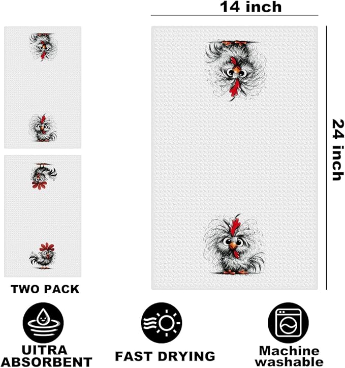 Jztco 2 Pcs Funny Chicken Kitchen Towels 24x14 Inch, Chickens Gifts Absorbent Hand Tea Towel, Waffle Dish Towels for Kitchen Home Decor, Chicken Lover Gifts for Women Mom