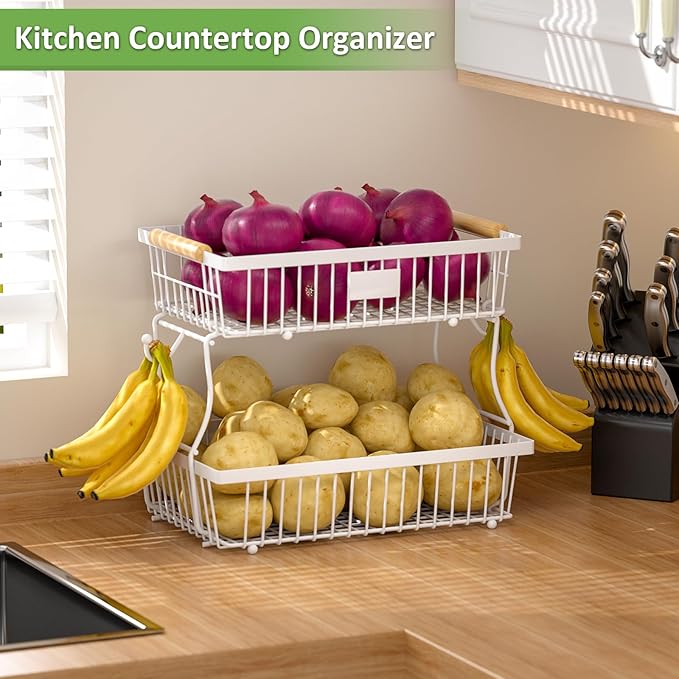 2 Tier Fruit Basket for Kitchen Counter with 2 Banana Hangers, Countertop Metal Bread Basket with Wooden Handle, Large Storage Stand for Vegetables, Snacks, Eggs, Produce Storage – White