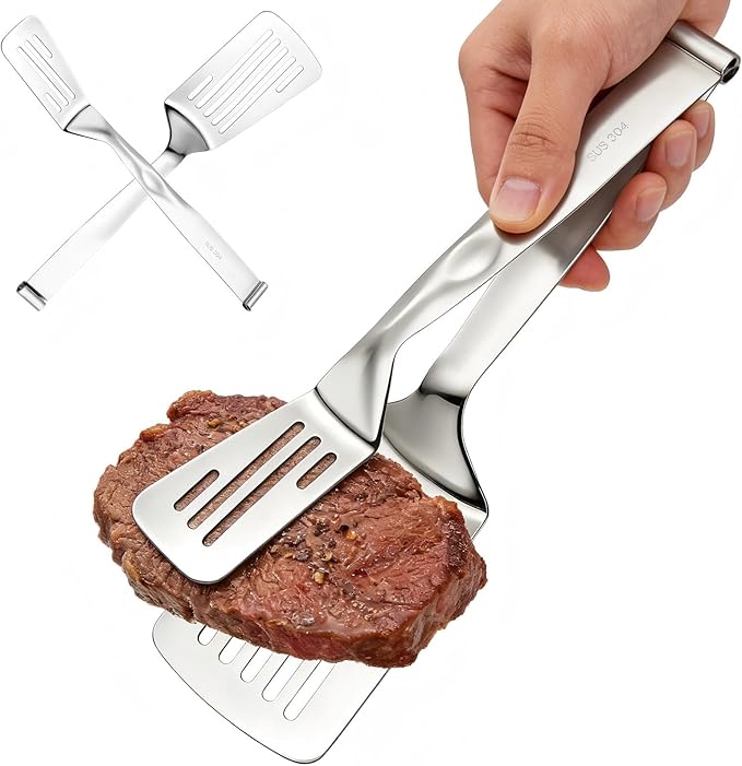 Durable 304 Stainless Steel Spatula Tongs, Rust-Proof 2-in-1 Cooking Tongs for High Heat, Solid One-Piece Design Food Turner, Professional Kitchen Essential
