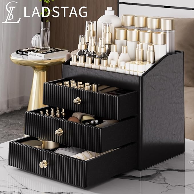 LADSTAG Cosmetic Organizer,Luxury Make up Organizer with 3 shelf Drawers,Black Large Capacity Makeup Organizers for Skincare,Brushes, Dresser,Bedroom,Bathroom,Gifts for Her,Birthday Gifts for Mom