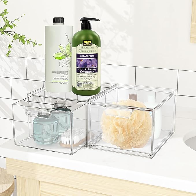 SpaceHacks 4 Pack Stackable Makeup Organizer and Storage, Acrylic Organizers，Clear Plastic Storage Drawer with Handles for Vanity, Undersink, Kitchen Cabinets, Pantry