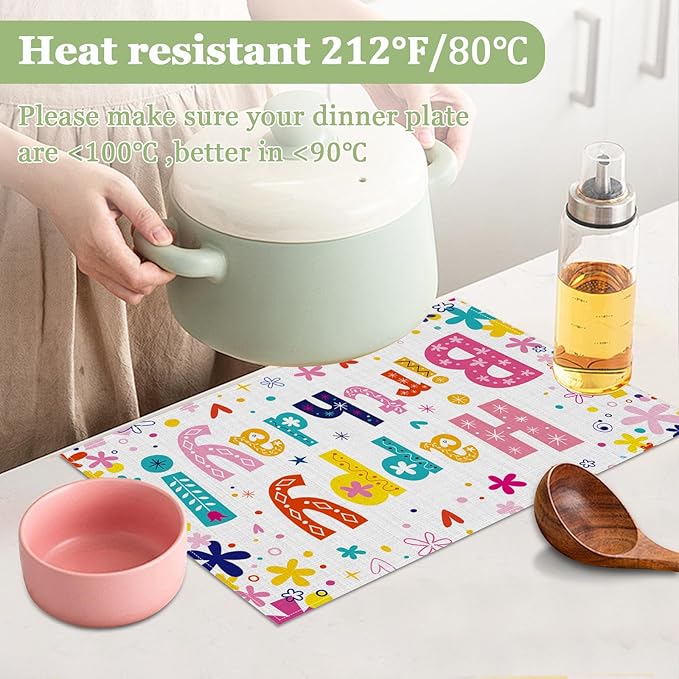 Happy Birthday Placemats Set of 6, Washable Heat Resistant Table Mat Linen Place Mats for Party Kitchen Dining Home Decor 12x18 Inch