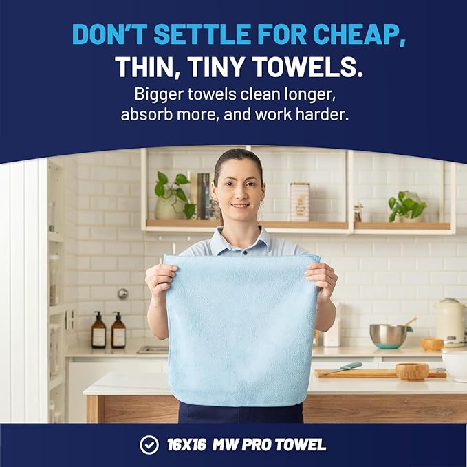 MW Pro Microfiber Cleaning Cloth | Blue | 36 Pack | 16” x 16” | All Purpose Microfiber Towels - Clean, Dust, Polish, Scrub, Absorbent