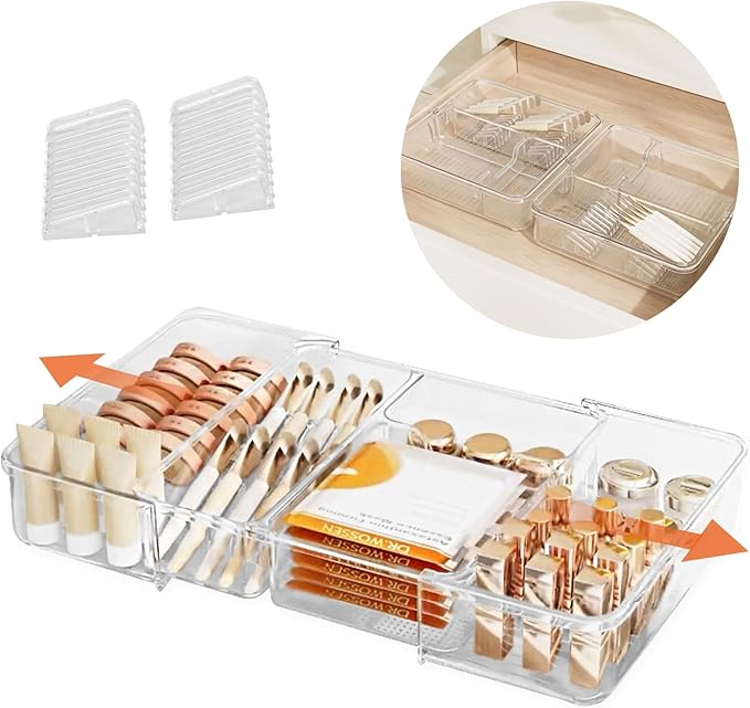Expandable Drawer Organizer-Adjustable Shallow Tray, 11" to 19" Width,1.97" Height, Clear Plastic Storage for Bedroom, Living Room, Kitchen/Bathroom/Office/Cosmetic/Tools/Cutlery/Stationery