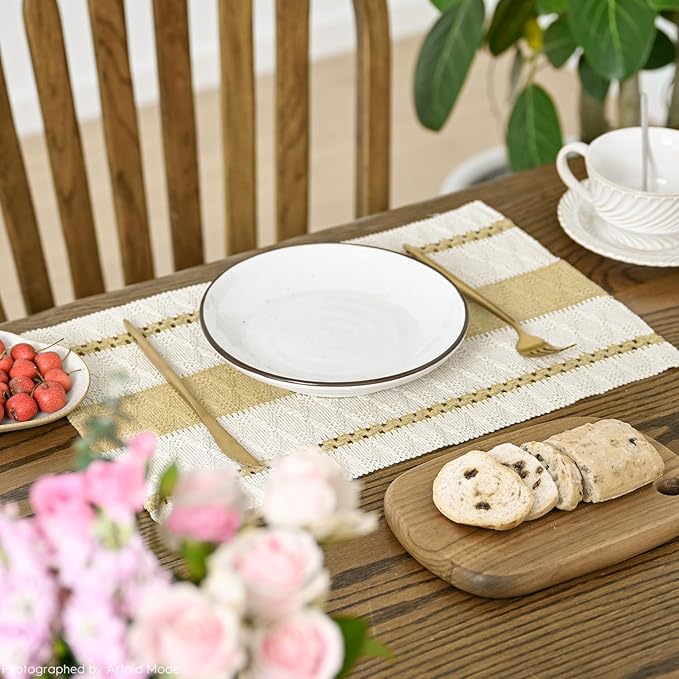 Artoid Mode Burlap Brown Farmhouse Woven Rustic Placemats Set of 4,12x18 Inch Seasonal Holiday Hollow Table Mats Party Kitchen Dining Decoration