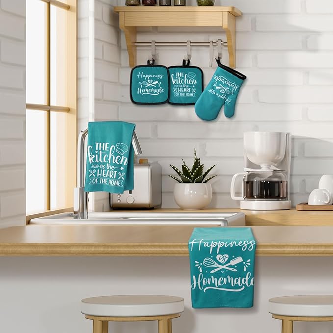 Sratte 6 Pcs Kitchen Decor Accessories Set Farmhouse Towels Pot Holders Oven Mitts Set 2 Dish Towels 2 Potholders 2 Cooking Mittens Oven Glove for Christmas Baking Cooking Supply(Teal,Kitchen)