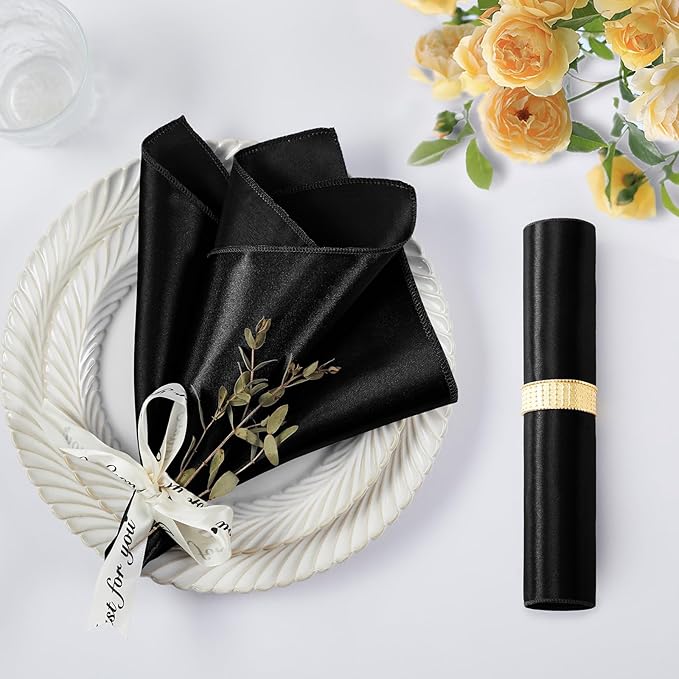 KKJIAF 50 Pack Black Square Satin Napkins 17x17 Inch Soft Smooth Cloth Napkins，Silky Table Napkin for Wedding Banquet Party Decoration