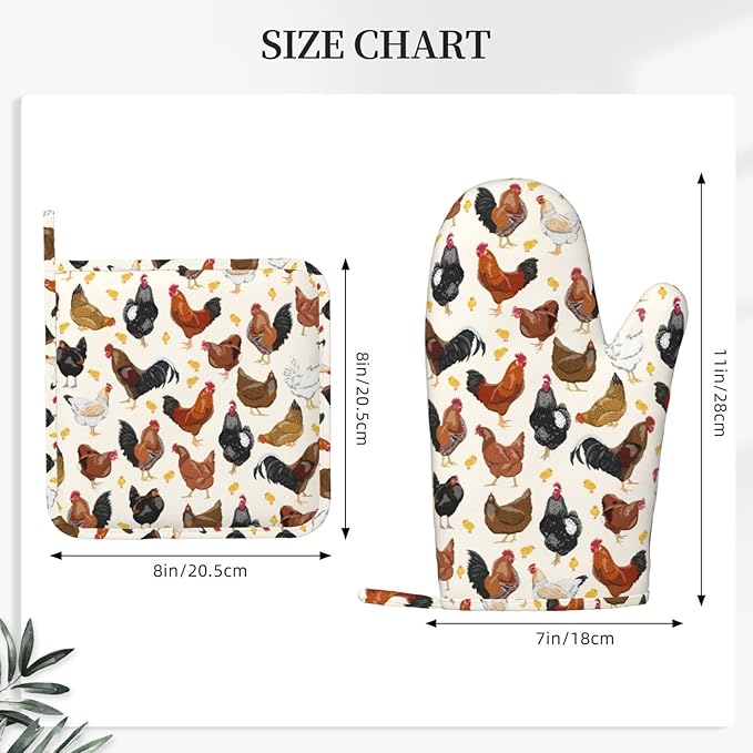 Rooster Hen Oven Mitts and Pot Holders Sets Silicone Rustic Domestic Animal Chicken Kitchen Mitts Potholders Heat Resistant 4Pcs Oven Gloves Hot Pads for Kitchen Baking Cooking BBQ Grilling