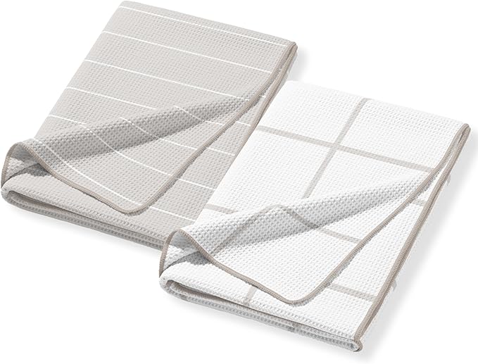 HALL & PERRY Kitchen Tea Towel, Ultra Soft, Quick Dry Microfiber Dish Cloths - 18"x30" Premium Quality Waffle Towel - Stripes and Plaid, Taupe (2, Maxwell)