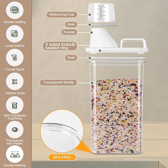 Air Tight Cereal Container Organizer Set of 6 Brown - 1800ML & 2300ML Total 417oz, Dry Food Storage for Pet Food, Rice, Oatmeal with Pour Spout Lid and Plastic Small Measuring Cup for Flour and Sugar