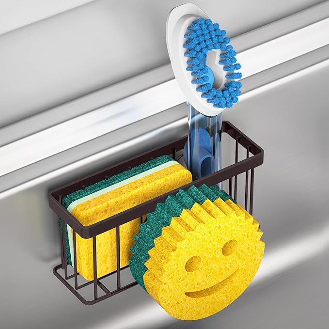MURLONG Sponge Holder Smiley Face,Sink Caddy for kitchen Sink, Kitchen Organizer Sponge Holder with 2 PCS Suction Cups/1 PCS Adhesive Strips,Designed for Sponge,Soap,Dish brush,Scrubber-Bronze