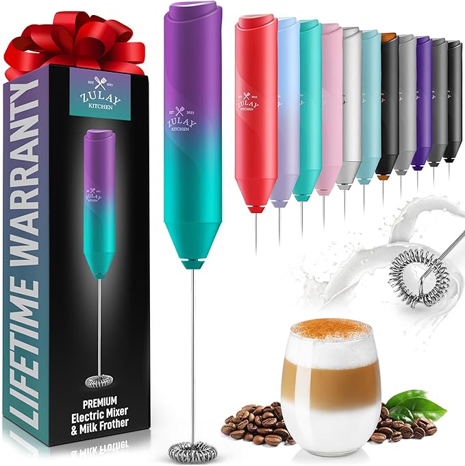 Zulay Kitchen Milk Frother Handheld Battery Operated – Electric Drink Mixer for Coffee, Lattes, Cappuccinos, Matcha & Hot Chocolate – Portable Foam Maker & Coffee Bar Accessory - Eclipse Purple Teal