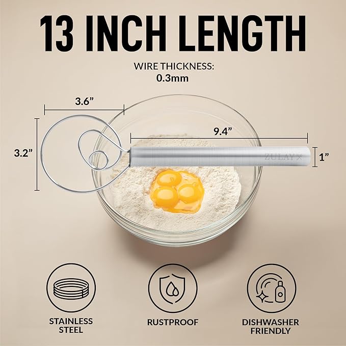 Zulay Kitchen 13-Inch Danish Dough Whisk - Stainless Steel Danish Whisk for Cooking with Single Eye Dough Hook - Traditional Dutch Whisk - Bread Whisk for Sourdough, Pizza, Pastry, Batter - 2 Pack