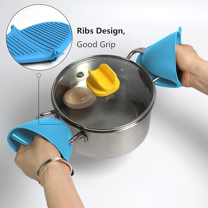 3 Pairs Oven Mitts Silicone Pot Holders Set Heat Resistant for Kitchen - Mini Silicone Oven Gloves Small Mittens Short Grips for Cooking & Baking, Blue