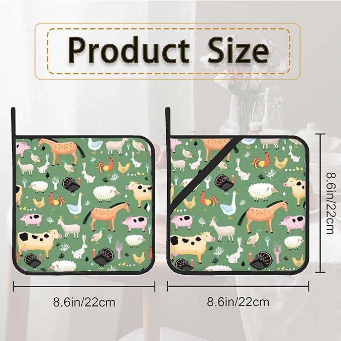 Funny Farm Animals Horse Cow Pot Holder Set of 2,Heat Resistant Potholders Oven Hot Pads for Kitchen Cooking Baking BBQ