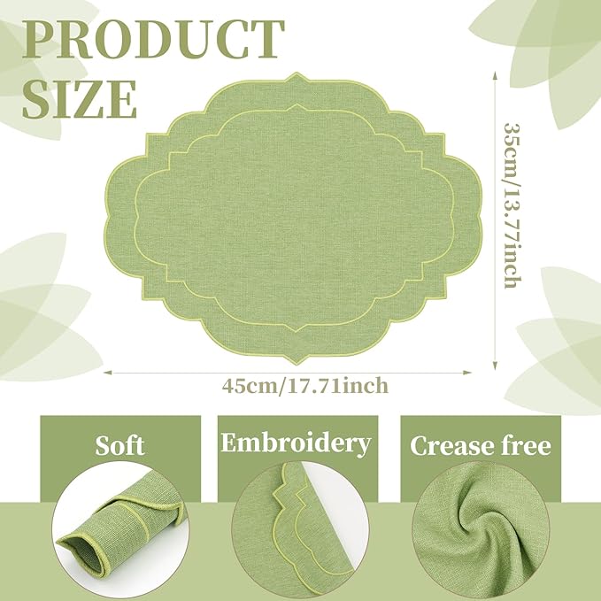 Cotton Linen Oval Placemats Set of 4, HADEEONG Table Mats Cloth Placemats, Washable Wrinkle Resistance, Scalloped & Embroidered Fabric Placemats, 17.71 x 13.77inch (Green, 4)