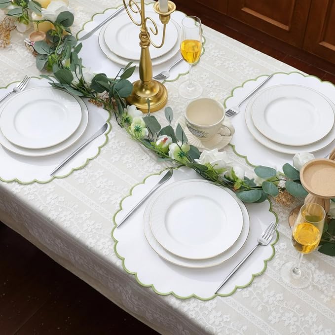 Set of 6 Round Placemats 15 Inch Cotton Scalloped Embroidery Placemat Washable Double Layered Rustic Dinner Table Mat Decor Fabric for Hotel Restaurant Kitchen(White/Green,Classic)