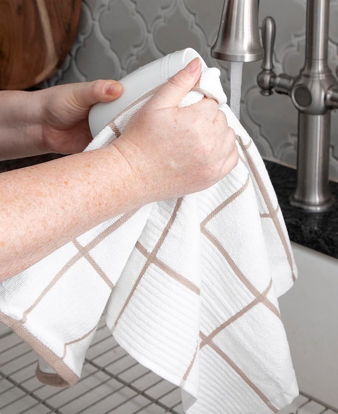 T-Fal Solid & Checked Parquet Kitchen Towels: Highly Absorbent, Super Soft Long Lasting - 100% Cotton, 16"x26" Dish Towels for Cleaning & Drying Dishes, Pans, Glassware, Countertops, 6-Pack, Sand