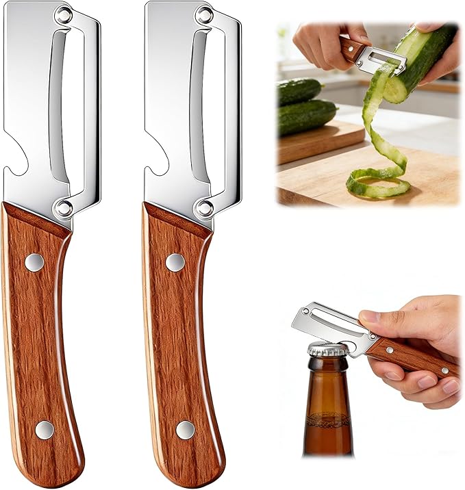 Multi-Functional Vegetable Peeler for Kitchen,Stainless Steel Sharp Blade Peeler with Wooden Handle,Bottle Opener Kitchen Tool for Fruit Veggie Carrot Potato Pumpkin Papaya Zucchini