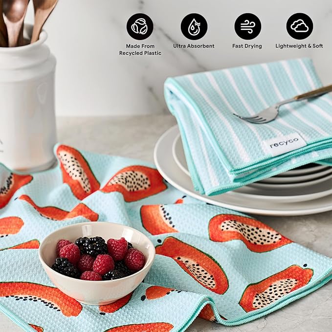 RECYCO Waffle Kitchen Towel Set of 2 - Quick Dry Microfiber Sustainable Dish Towels - Ultra Absorbent Reusable Cleaning Tea Towels - Lightweight Hand Towels,16”x 28”, Papaya Joy