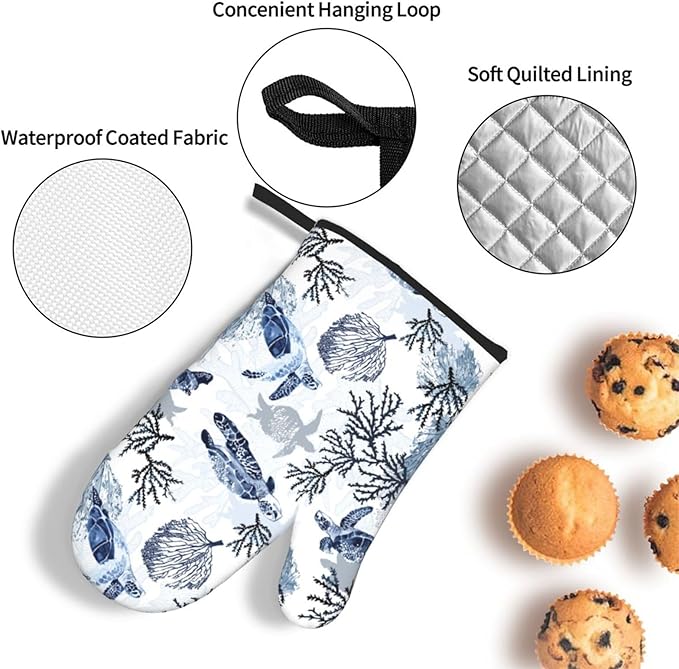 Navy Blue Ocean Sea Turtle Oven Mitts and Pot Holders Sets of 3, Heat Resistant Non-Slip Gift for Cooking Enthusiasts, Coastal Beach Nautical Coral Kitchen Gloves for Baking BBQ Cooking Grilling Decor