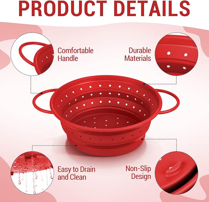 3 Pack Collapsible Colander with Strainer Bowl Set, 11 & 13 In BPA-Free Silicone Colanders for Kitchen, Heat-Resistant Space-Saving Strainer Dishwasher Safe Baskets for Vegetable Fruits(Red)