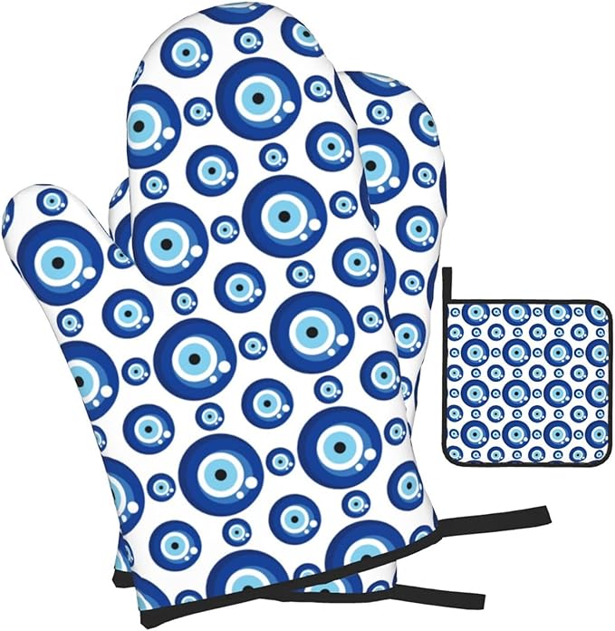 Blue Evil Eyes Oven Mitts and Pot Holders Sets of 3 Funny Hot Pads Heat Resistant Non Slip Washable for Cooking Grilling Baking BBQ Kitchen Decor