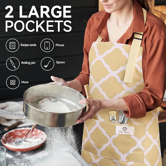2 Pieces Aprons for Women with Pockets, Cotton Linen Waterproof Kitchen Cooking Aprons, Chef Apronfor Men Women with Adjustable Neck Strap and Long Ties(Pink/Yellow)