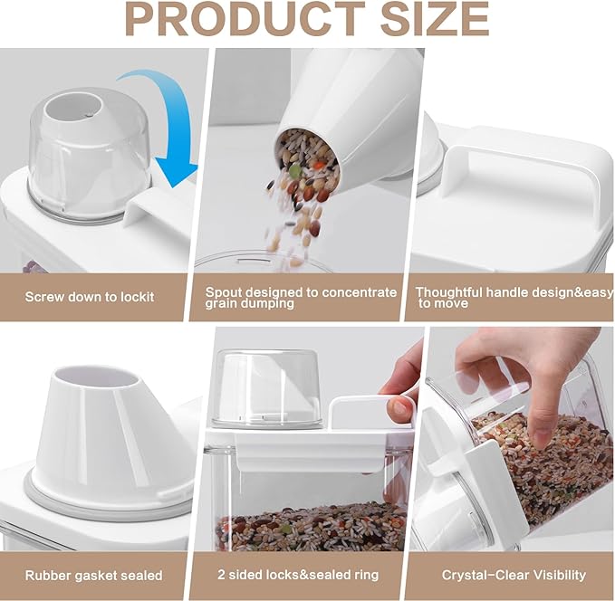 Air Tight Cereal Container Organizer Set of 6 - 1800ML & 2300ML Total 417oz, Dry Food Storage for Pet Food, Rice, Oatmeal with Pour Spout Lid and Plastic Small Measuring Cup for Flour and Sugar