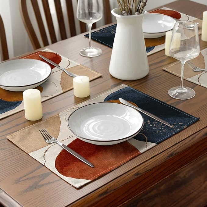 Ansouyi Placemats Set of 6, Terracotta Navy Orange and Gold Abstract Washable Heat Resistant Linen Table Mats, Kitchen Decor Non-Slip Place Mats for Party Dining, 12x18 Inch