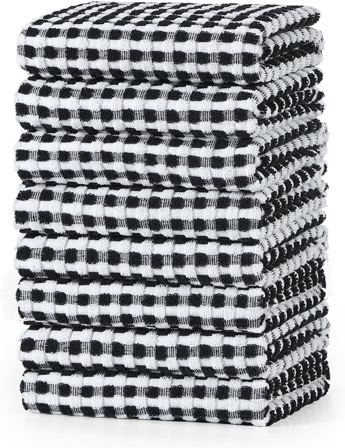 SALAS Cotton Dish Towels for Kitchen Drying Dishes, Lattice Terry Kitchen Cloths with Hanging Loop, 16‘’ x 26‘’, 8 Packs, Black