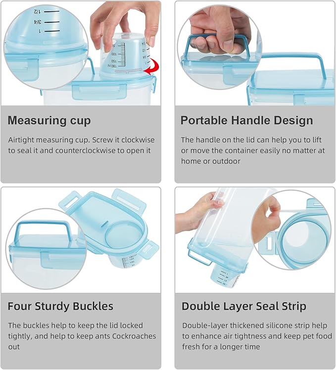 LEAWALK 3-5Lbs/3Qt Dog Cat Food Storage Container With Foldable Bowl. Plastic Pet Food Dispenser for Small Animal Kibble/Pet Food/Bird Seed/Oatmeal/Rice/Flour/Brown Sugart/Cereals (Clear Bule)