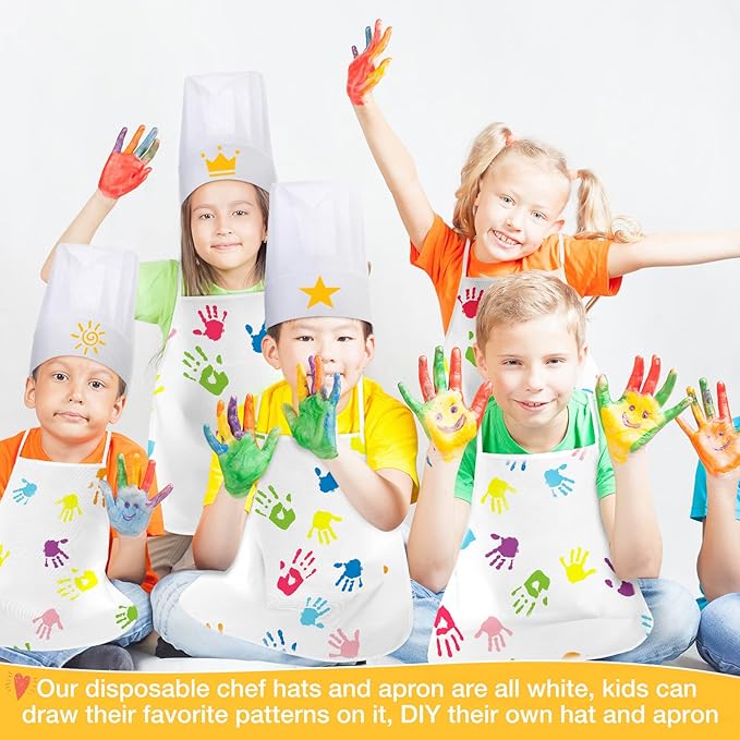 JaGely 60 Pcs Kids Chef Hat and Apron Set Chef Aprons and White Hats Non Woven Fabric Costume for Girls and Boys Cooking