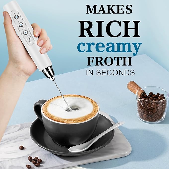 BSRGMS Milk Frother Handheld with Stand, Electric Whisk 3 Speed Adjustable, Drink Mixer with Stainless 3 Whisk, Rechargeable Hand Frother Wand, Foam Maker for Latte Cappuccino Hot Chocolate Egg White
