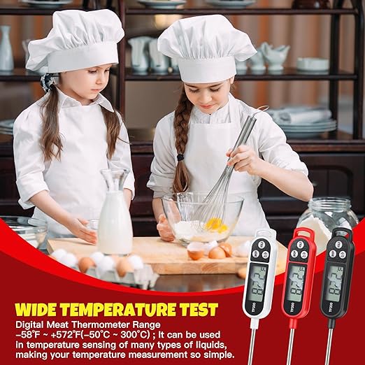 Copkim 6 Pcs Instant Read Meat Thermometer with Long Probe 9.65 Inch Kitchen Cooking Food Candy Waterproof Digital Thermometer for BBQ Water Milk Yogurt Liquid (Round&Square Ring,Black,White,Red)