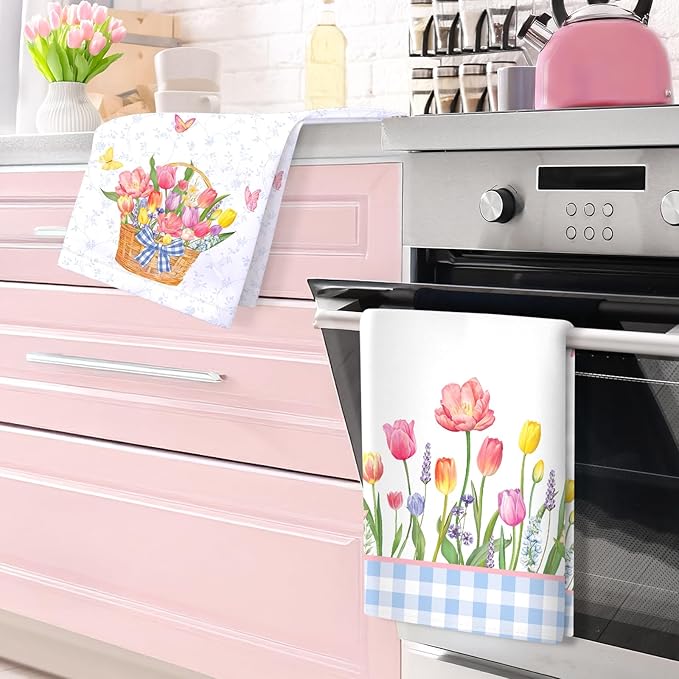 Tulip Spring Floral Tea Towels, Lavender Summer Cotton Kitchen Towel 18.9 × 27.5 inch, Quick Drying Dish Cloth for Party Anniversary Holiday Decoration, Housewarming Gifts for Mom