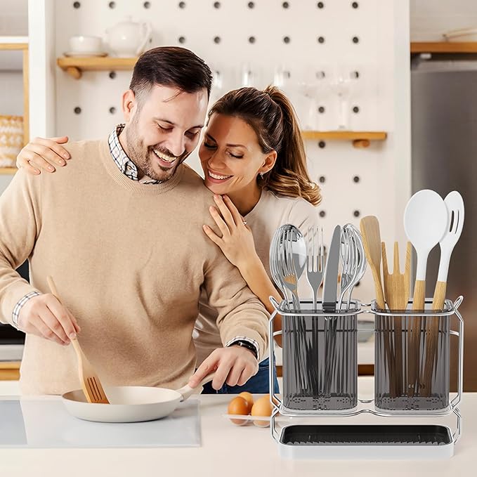 Utensil Holder Counter, 6.7" Plastic Silverware Caddy, Utensil Holder for Party, 2 Cup Flatware Organizer for Kitchen Wall Mount, Forks Spoons Knives Storage with Drain Tray (Black)