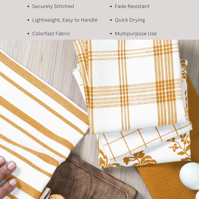 Assorted Kitchen Towels 100% Cotton 16x26 Inch - Super Absorbent, Soft & Quick Drying, Multi-Purpose for Drying & Cleaning, Ideal for Kitchen & Home Use, Set of 5 Low-Lint Dish Towels Yellow