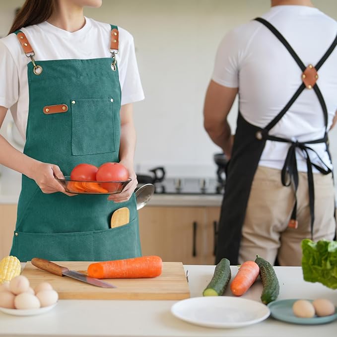 Aoomzoon Canvas Aprons for Men Chef Apron, Work Apron with Large Pockets - 16oz Heavy Duty Cross Back, BBQ, Cooking