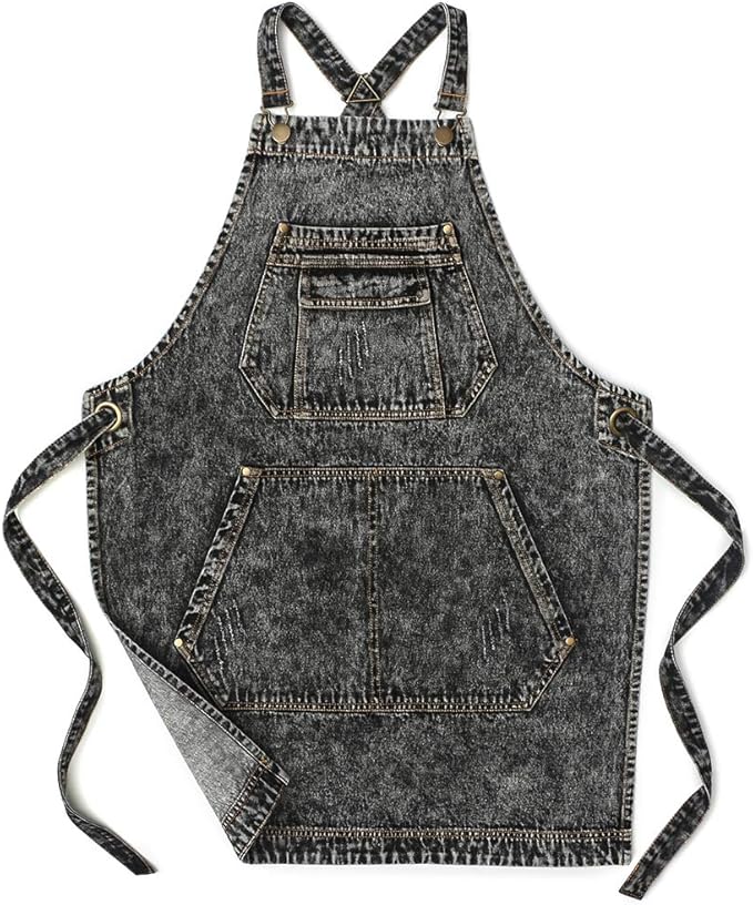 Jeanerlor - Denim Apron with Pockets for Hair Stylist Gardening Craftsmen Barista Women Hairdresser Jean Work Apron Cross Straps & Adjustable S to L (Black)