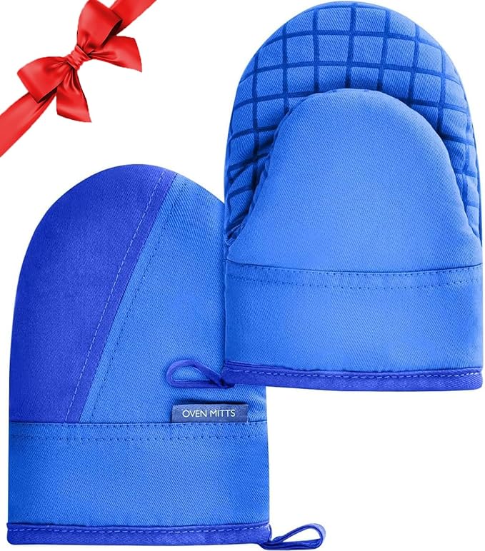 Mini Oven Mitts, Kitchen Oven Gloves Kitchen Mittens 500 Degrees Heat Resistant Baking Gloves, Non-Slip Silicone Surface with Hanging Loops Hot Gloves for Cooking, Baking, BBQ 1 Pair-Blue