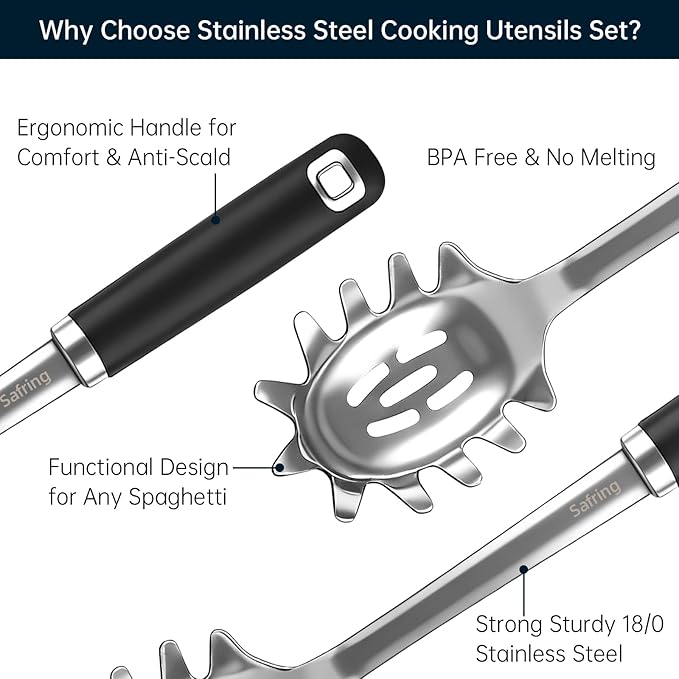 Safring Stainless Steel Soup Ladle and Spaghetti Spoon Set, Heat Resistant Rubber Handle, Dishwasher Safe, Kitchen Utensils for Cooking, Stirring, Serving Pasta, Soup & Sauce