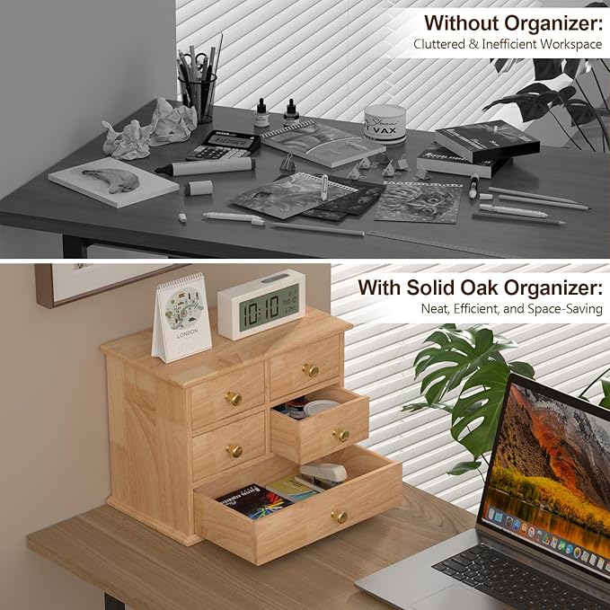 Oak Desk Organizer with Drawers, Wooden Desktop Storage Box with Metal Handles & Non-Slip Silicone Pads, 5 Drawer Tabletop Organizer for Office, Bedroom, Bathroom, Vanity, and Makeup – Natural Oak