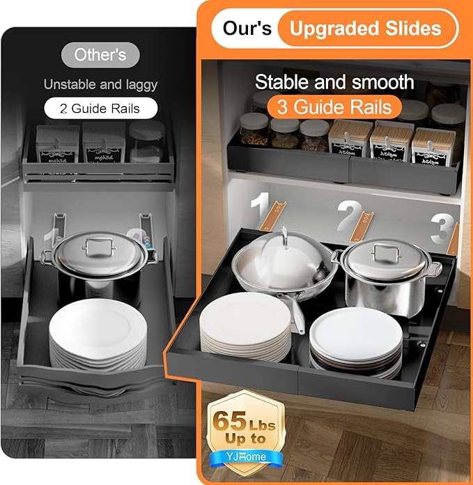 2 Pack Pull out Cabinet Organizer Expandable Width(12"-20") and 21"Depth, No Drill Adjustable Slide Out Drawers for Kitchen, Cabinets With 3 Slide Rails,Magnetic Panel, Adhesive Roll out Shelves