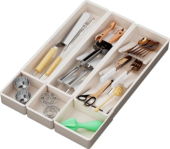 Silverware Drawer Organizer with Expandable Panel & Removable Dividers – Fits 15.67" to 21.18" Kitchen Drawers, Space-Saving Utensil Storage Solution (Milk White, W13.6 x L15.7 inches)
